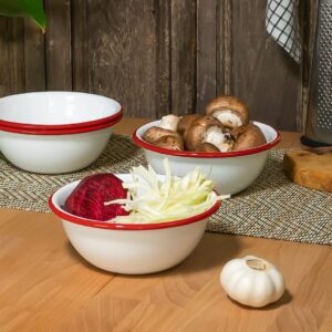 Red Co. Set of 4 Enamelware Metal Classic 20 oz Round Cereal Bowl, Solid White/Red Rim