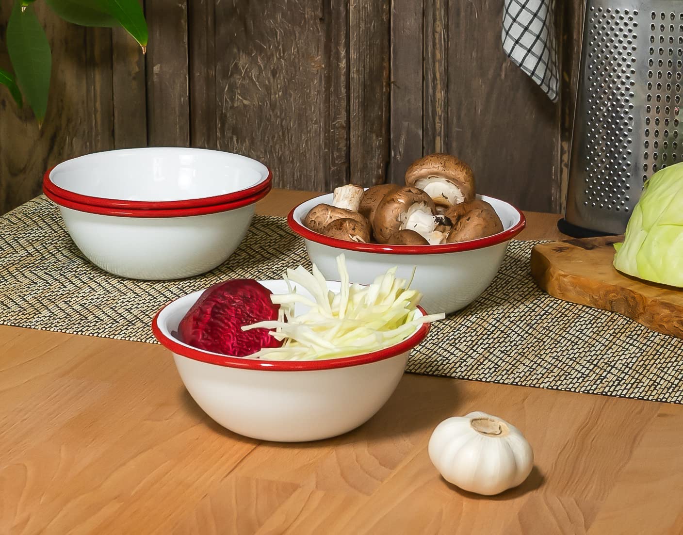 Red Co. Set of 4 Enamelware Metal Classic 20 oz Round Cereal Bowl, Solid White/Red Rim