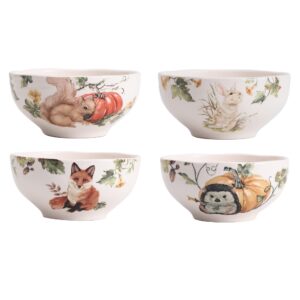 bico woodland critters 24oz ceramic cereal bowls, set of 4, for pasta, salad, cereal, soup & microwave & dishwasher safe