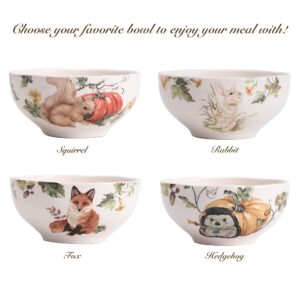 Bico Woodland Critters 24oz Ceramic Cereal Bowls, Set of 4, for Pasta, Salad, Cereal, Soup & Microwave & Dishwasher Safe