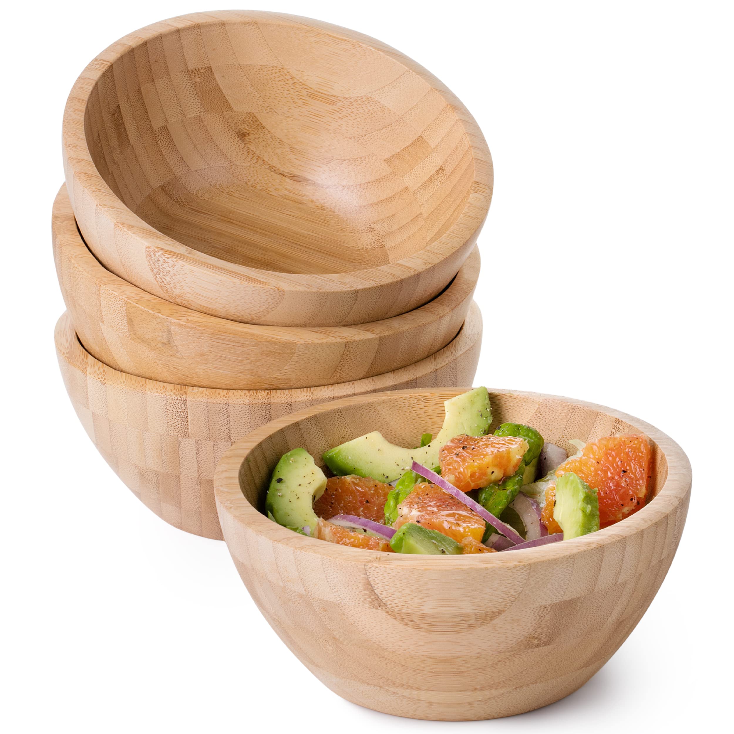 AVAMI Bamboo Collection Wood Salad Serving Bowl 6.4 inches Set of 4 Eco-Friendly and Perfect for Salad, Food, Vegetables and Fruit.