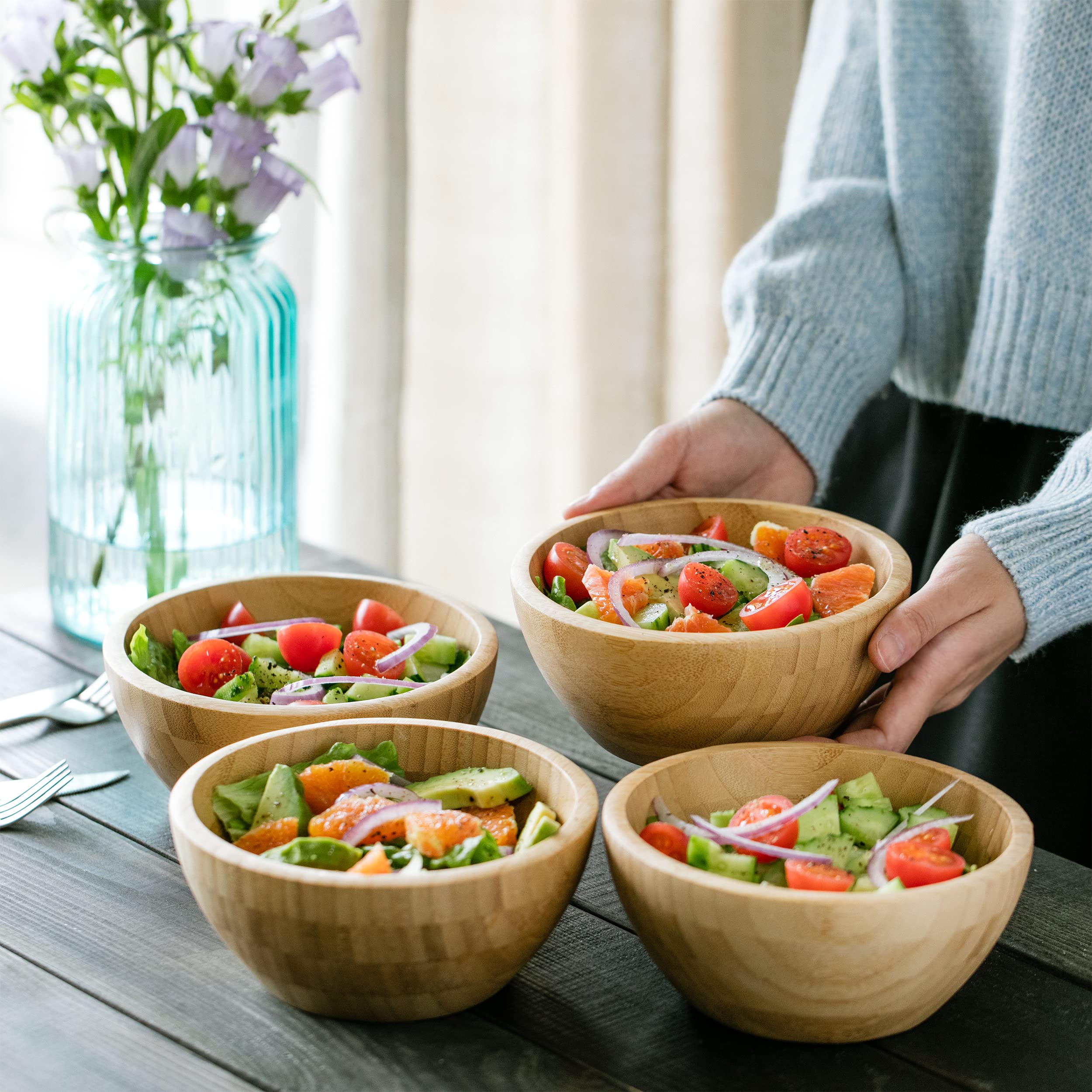 AVAMI Bamboo Collection Wood Salad Serving Bowl 6.4 inches Set of 4 Eco-Friendly and Perfect for Salad, Food, Vegetables and Fruit.