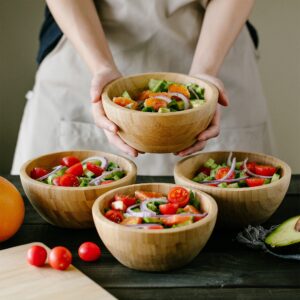 AVAMI Bamboo Collection Wood Salad Serving Bowl 6.4 inches Set of 4 Eco-Friendly and Perfect for Salad, Food, Vegetables and Fruit.