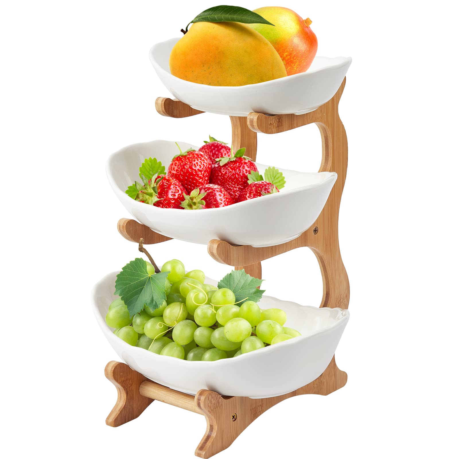 ERFEI Fruit Bowl Oval Ceramic Bowls with Wood Rack Tied Serving Tray Food Display Stand Bowl for Kitchen Counter, Home, Parties (3 tier)