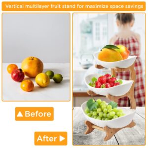 ERFEI Fruit Bowl Oval Ceramic Bowls with Wood Rack Tied Serving Tray Food Display Stand Bowl for Kitchen Counter, Home, Parties (3 tier)