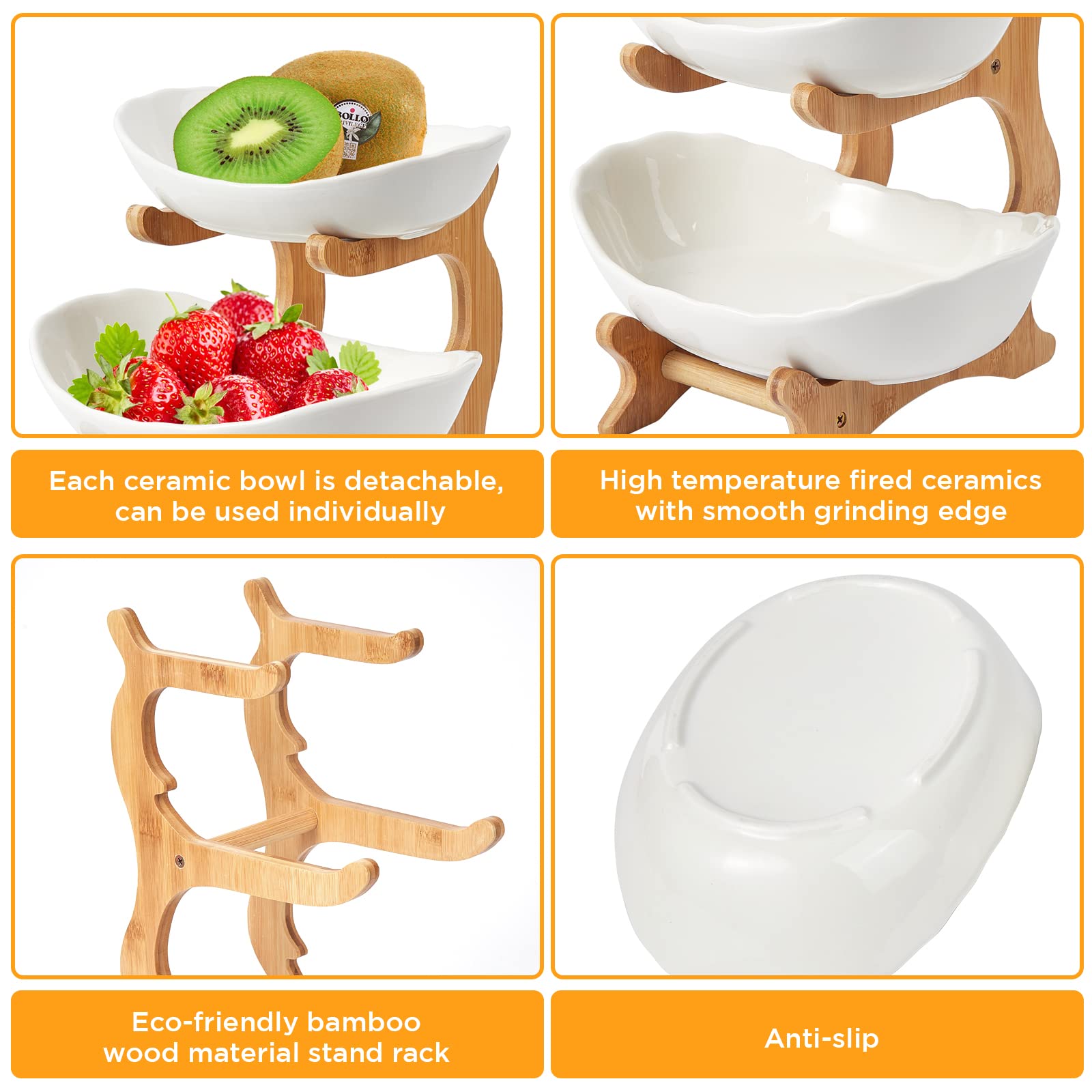 ERFEI Fruit Bowl Oval Ceramic Bowls with Wood Rack Tied Serving Tray Food Display Stand Bowl for Kitchen Counter, Home, Parties (3 tier)