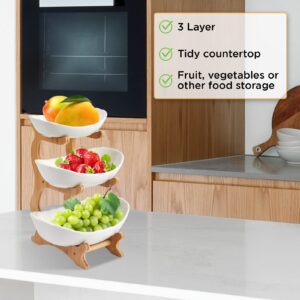 ERFEI Fruit Bowl Oval Ceramic Bowls with Wood Rack Tied Serving Tray Food Display Stand Bowl for Kitchen Counter, Home, Parties (3 tier)