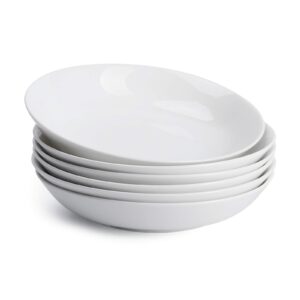 teocera pasta bowls, salad serving bowls set, wide and shallow, 22 ounce porcelain bowl, microwave and dishwasher safe - set of 6, white