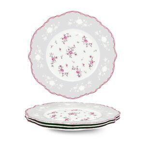 fanquare 8 inch porcelain dessert plates set of 4, lace serving bowls set for salad, soup, pasta, snack, pink roses