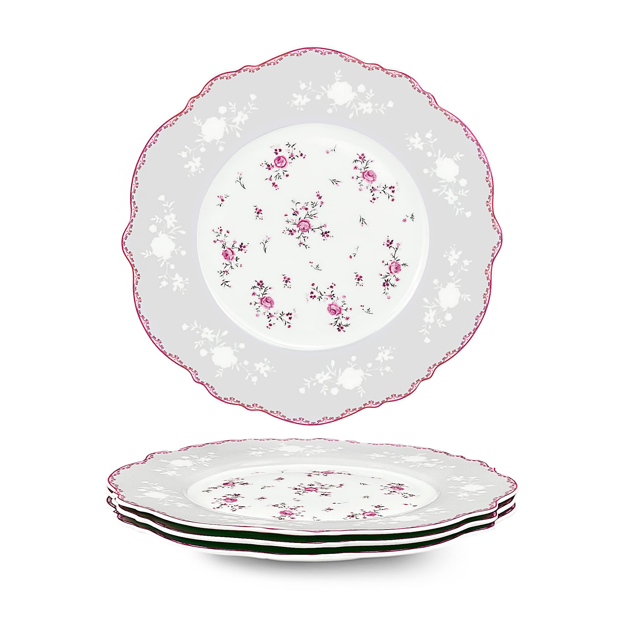 fanquare 8 Inch Porcelain Dessert Plates Set of 4, Lace Serving Bowls Set for Salad, Soup, Pasta, Snack, Pink Roses