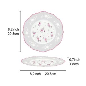 fanquare 8 Inch Porcelain Dessert Plates Set of 4, Lace Serving Bowls Set for Salad, Soup, Pasta, Snack, Pink Roses