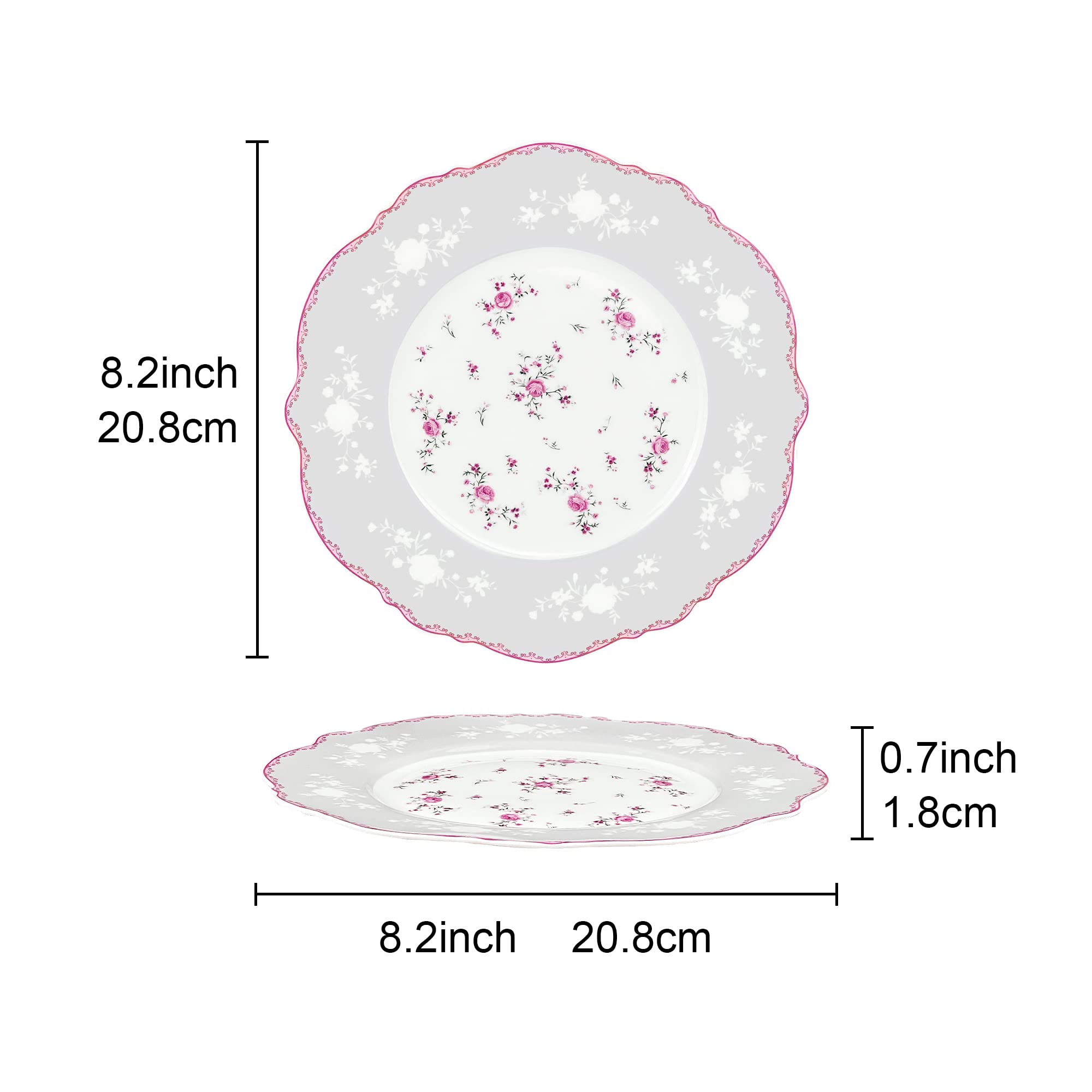 fanquare 8 Inch Porcelain Dessert Plates Set of 4, Lace Serving Bowls Set for Salad, Soup, Pasta, Snack, Pink Roses