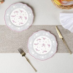 fanquare 8 Inch Porcelain Dessert Plates Set of 4, Lace Serving Bowls Set for Salad, Soup, Pasta, Snack, Pink Roses