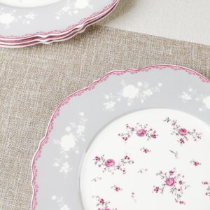 fanquare 8 Inch Porcelain Dessert Plates Set of 4, Lace Serving Bowls Set for Salad, Soup, Pasta, Snack, Pink Roses