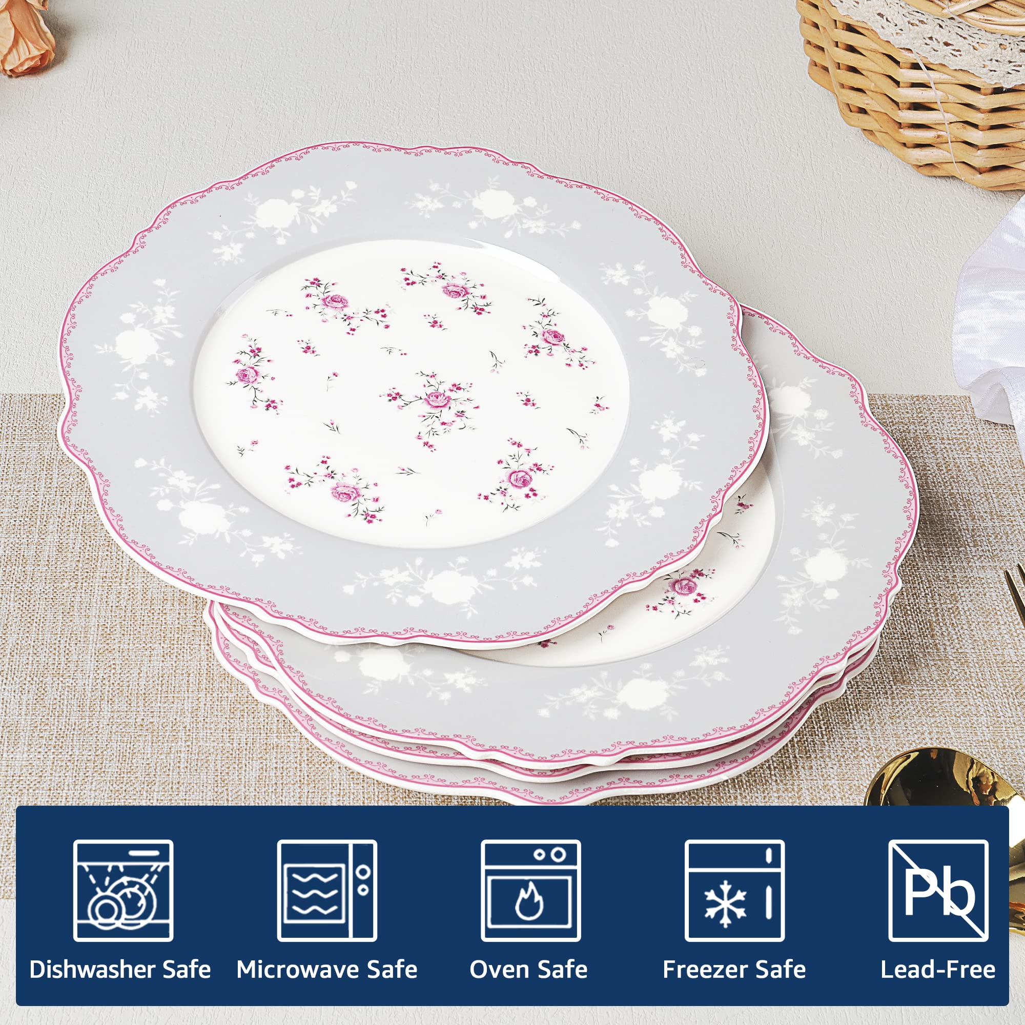 fanquare 8 Inch Porcelain Dessert Plates Set of 4, Lace Serving Bowls Set for Salad, Soup, Pasta, Snack, Pink Roses