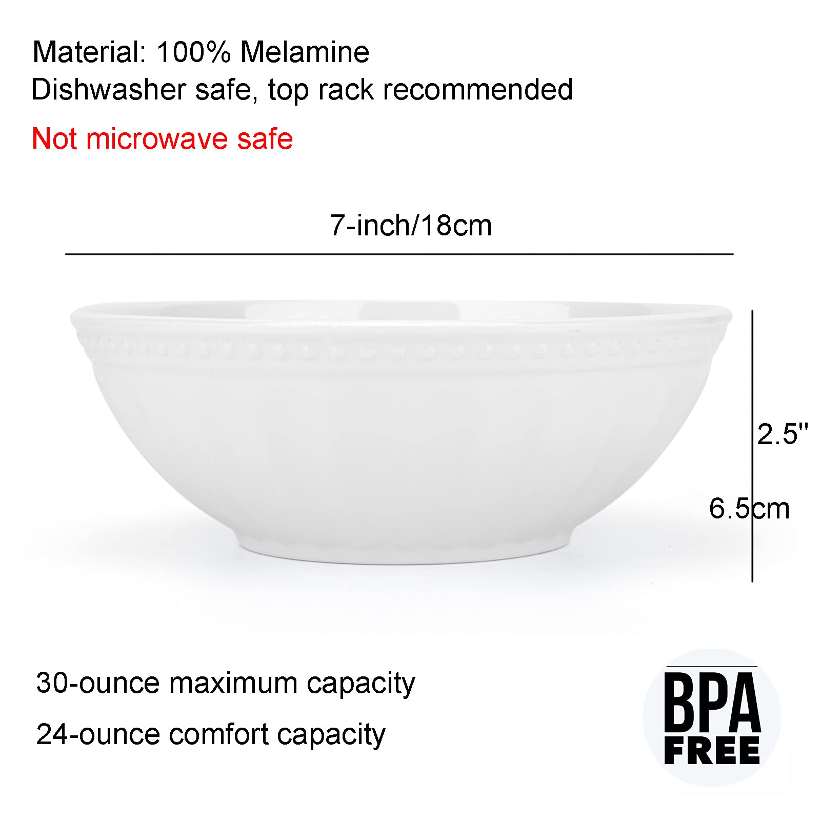 KX-WARE 7-inch Melamine Bowls, 30-ounce Salad/Pasta/Dinner Bowls | set of 6, White