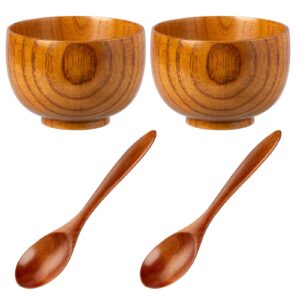 nuomi 2 set wooden soup/rice bowls with wood spoons for eating, small noodle/snacks bowl and spoon dinnerware set