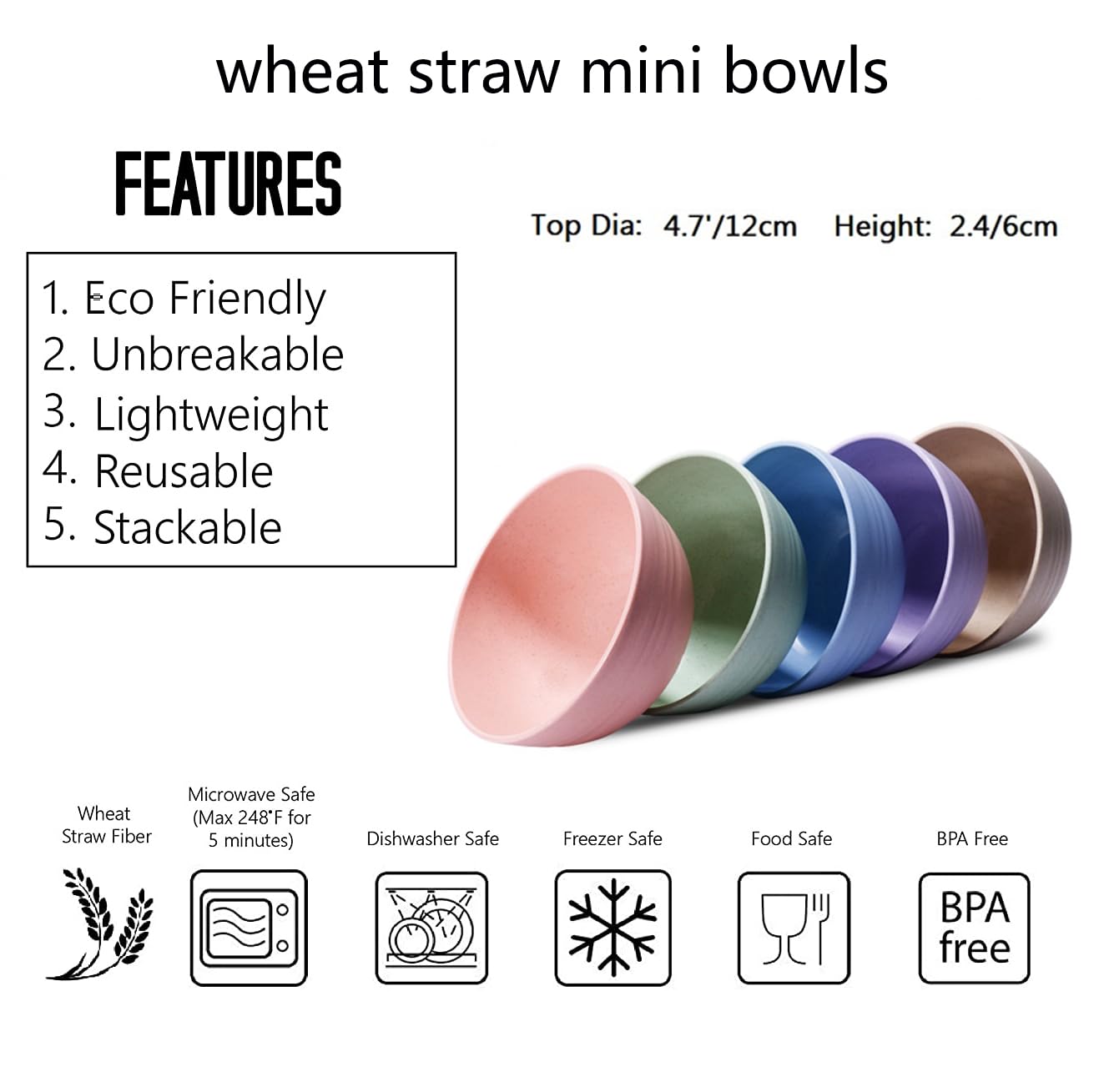 choary Eco-friendly Wheat Straw Bowls, 4.7 inches mini Snacks Bowl Sets,Unbreakable Natural Non-Toxin mini Bowls for Fruits, Microwave Dishwasher safe BPA FREE set of 5.