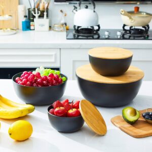 Set of 5 Salad Bowl with Lid Bamboo Fiber Serving Bowls with Cutting Board Lids Assorted Sizes Mixing Bowl Set for Serving Salad Pasta Popcorn Bread Fruits Veggies Chips Dips Kitchen, Black