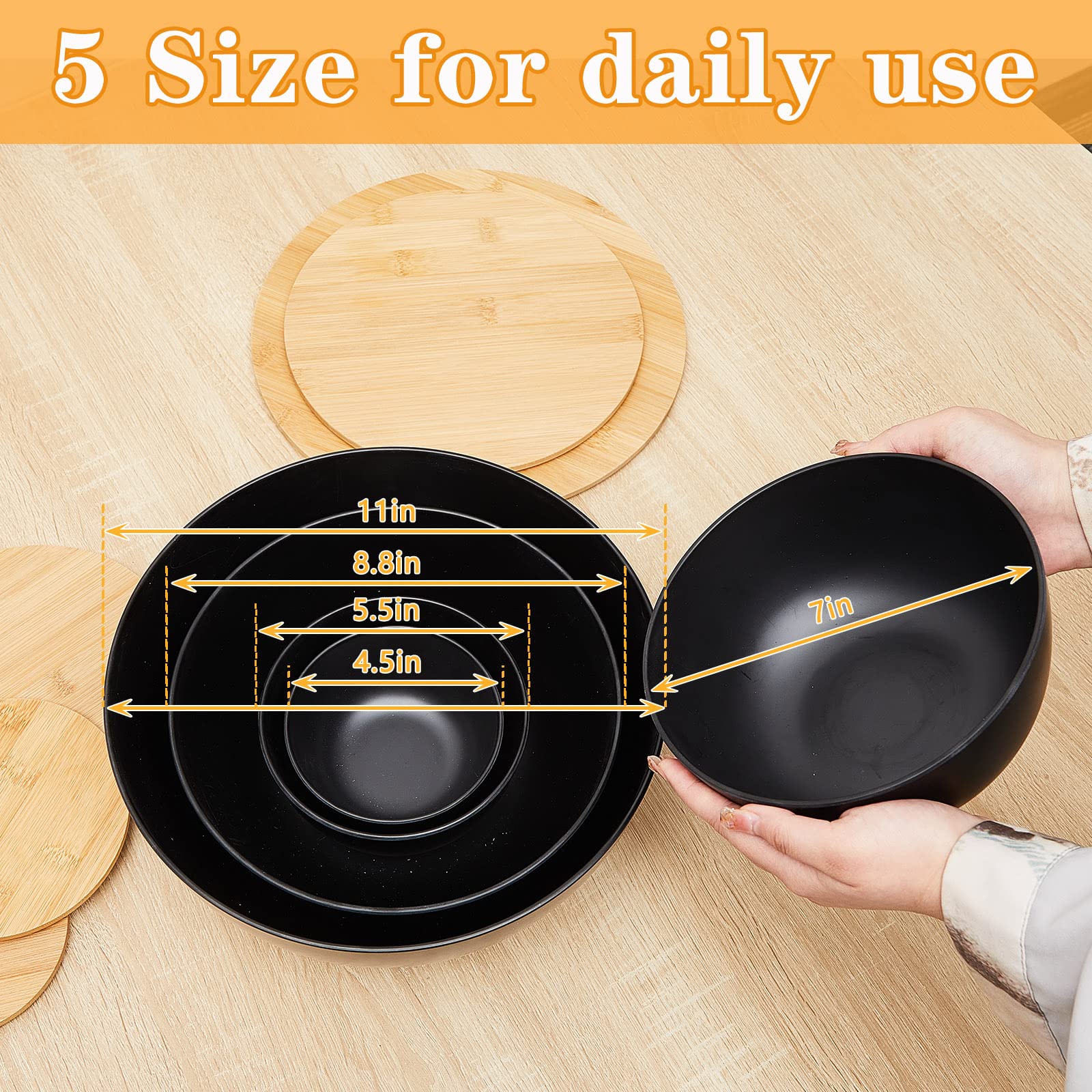 Set of 5 Salad Bowl with Lid Bamboo Fiber Serving Bowls with Cutting Board Lids Assorted Sizes Mixing Bowl Set for Serving Salad Pasta Popcorn Bread Fruits Veggies Chips Dips Kitchen, Black