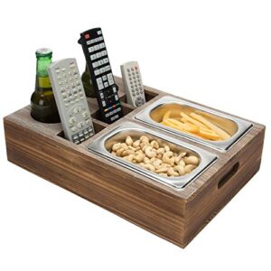 mygift rustic brown wood couch snack caddy tray with 2 drink cup holders and 3 remote control holder slots