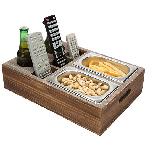 MyGift Rustic Brown Wood Couch Snack Caddy Tray with 2 Drink Cup Holders and 3 Remote Control Holder Slots