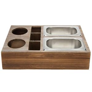 MyGift Rustic Brown Wood Couch Snack Caddy Tray with 2 Drink Cup Holders and 3 Remote Control Holder Slots