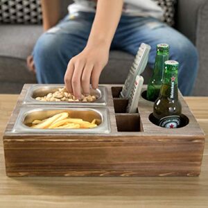 MyGift Rustic Brown Wood Couch Snack Caddy Tray with 2 Drink Cup Holders and 3 Remote Control Holder Slots