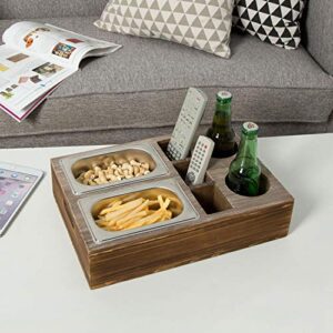 MyGift Rustic Brown Wood Couch Snack Caddy Tray with 2 Drink Cup Holders and 3 Remote Control Holder Slots