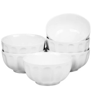 amhomel Porcelain Deep Bowls, 26 Ounce for Cereal, Soup, Side Salad, Rice and Ramen, Microwave and Dishwasher Safe, Fluted Bowls Set of 6(White, 6 Inch)