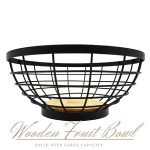 large wooden fruit bowl for kitchen countertop & dining room, decorative wooden wire basket for living room- shinyik japanese zakka style with bamboo wood and rust resistance black iron