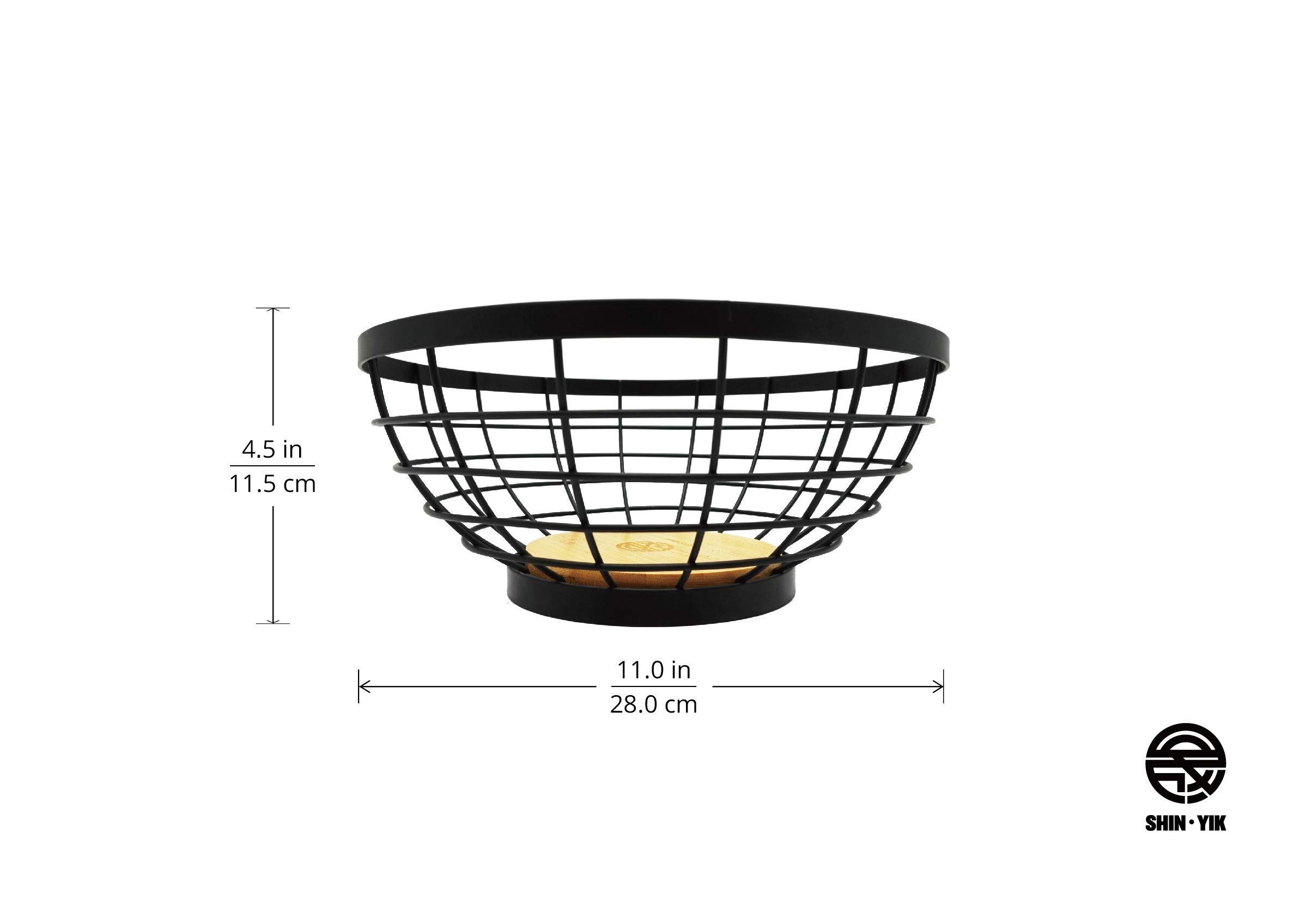 Large Wooden Fruit Bowl for Kitchen Countertop & Dining Room, Decorative Wooden Wire Basket for Living Room- ShinYik Japanese Zakka Style with Bamboo Wood and Rust Resistance Black Iron