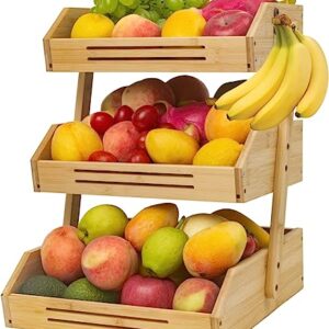 SINBDLAI Bamboo Fruit Basket, 3 Tier Fruit Basket for Kitchen Counter, Fruit Bowl for Kitchen Counter, Fruit and Vegetable Storage with 2 Banana Hangers