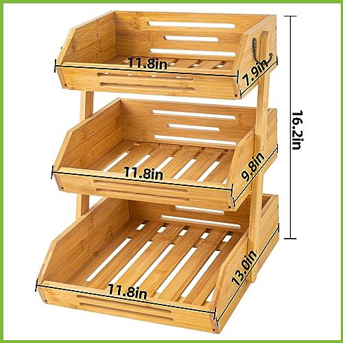 SINBDLAI Bamboo Fruit Basket, 3 Tier Fruit Basket for Kitchen Counter, Fruit Bowl for Kitchen Counter, Fruit and Vegetable Storage with 2 Banana Hangers