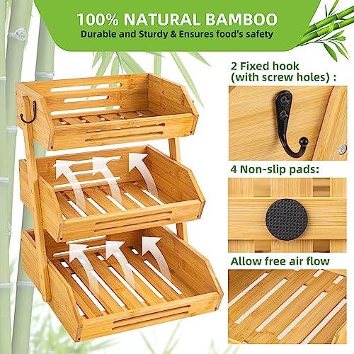 SINBDLAI Bamboo Fruit Basket, 3 Tier Fruit Basket for Kitchen Counter, Fruit Bowl for Kitchen Counter, Fruit and Vegetable Storage with 2 Banana Hangers