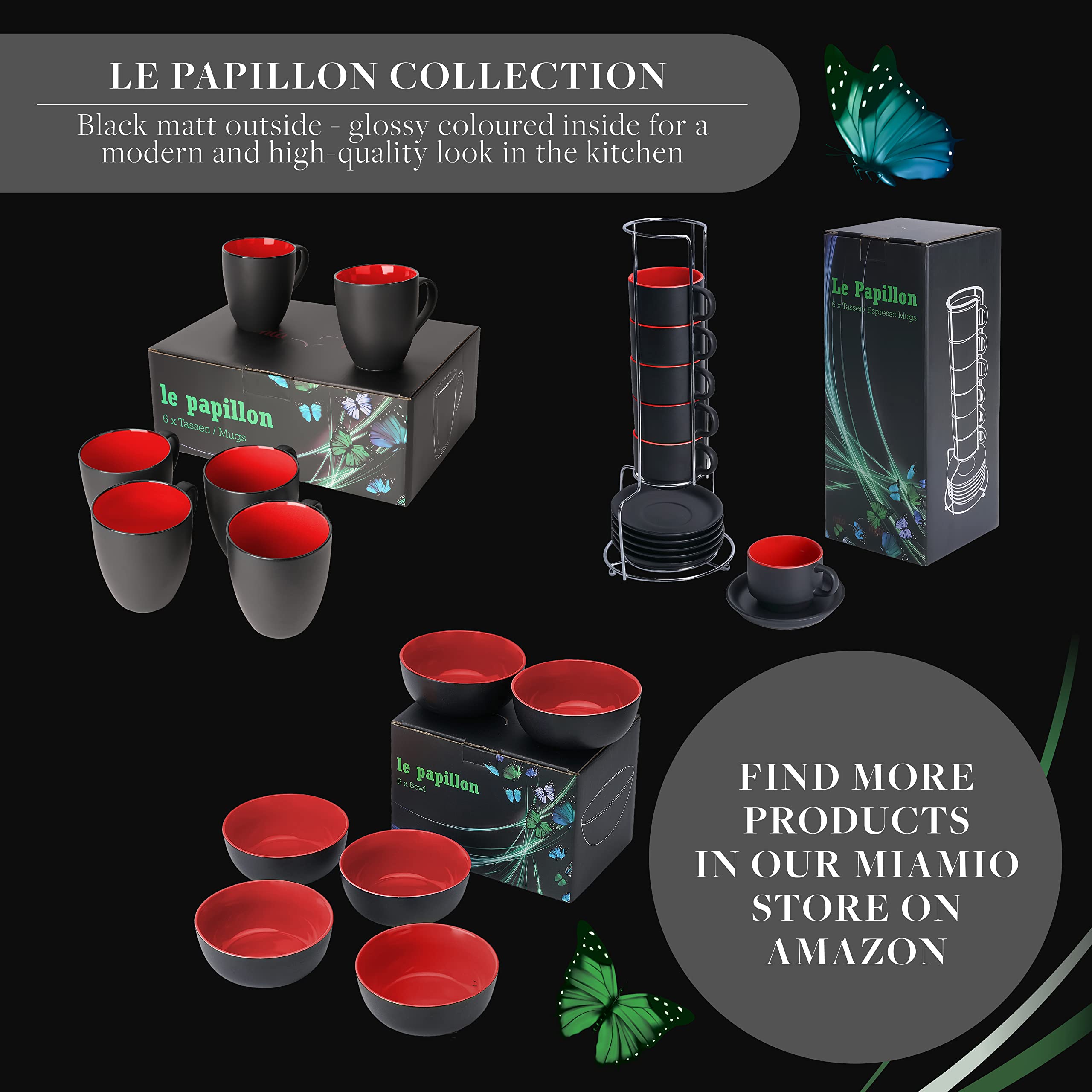 MIAMIO - 6 x 20.2 oz Stoneware Bowl Set Outside Black Inside Colourful - Le Papillon Collection