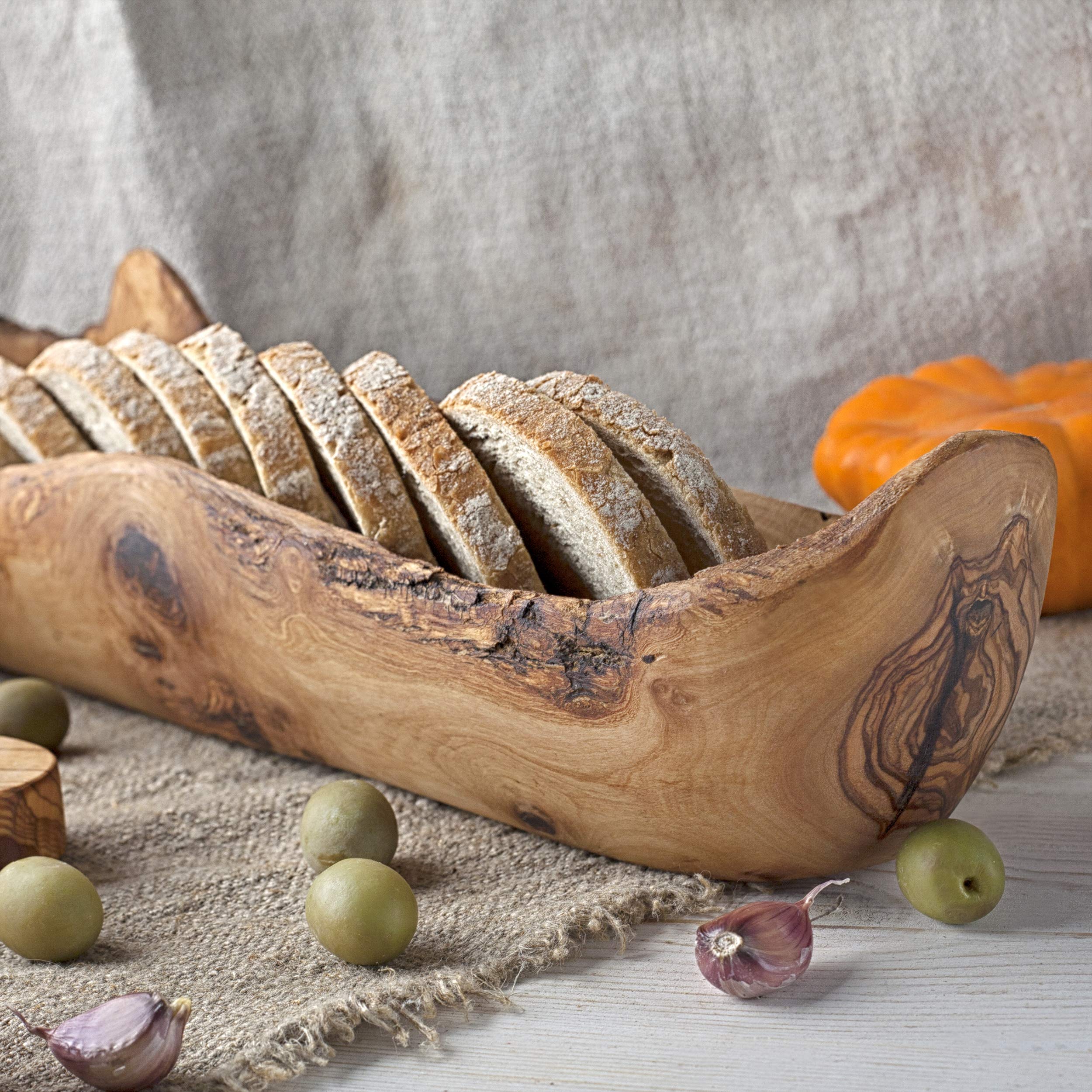 Forest Decor Olive Wood Decorative Bowls - 16" Long Natural Hand Carved Bread Bowl - Rustic Kitchen Decor for Serving Salad, Snack - Wood Farmhouse Fruit Bowl - Dining Dough Bowls Centerpieces