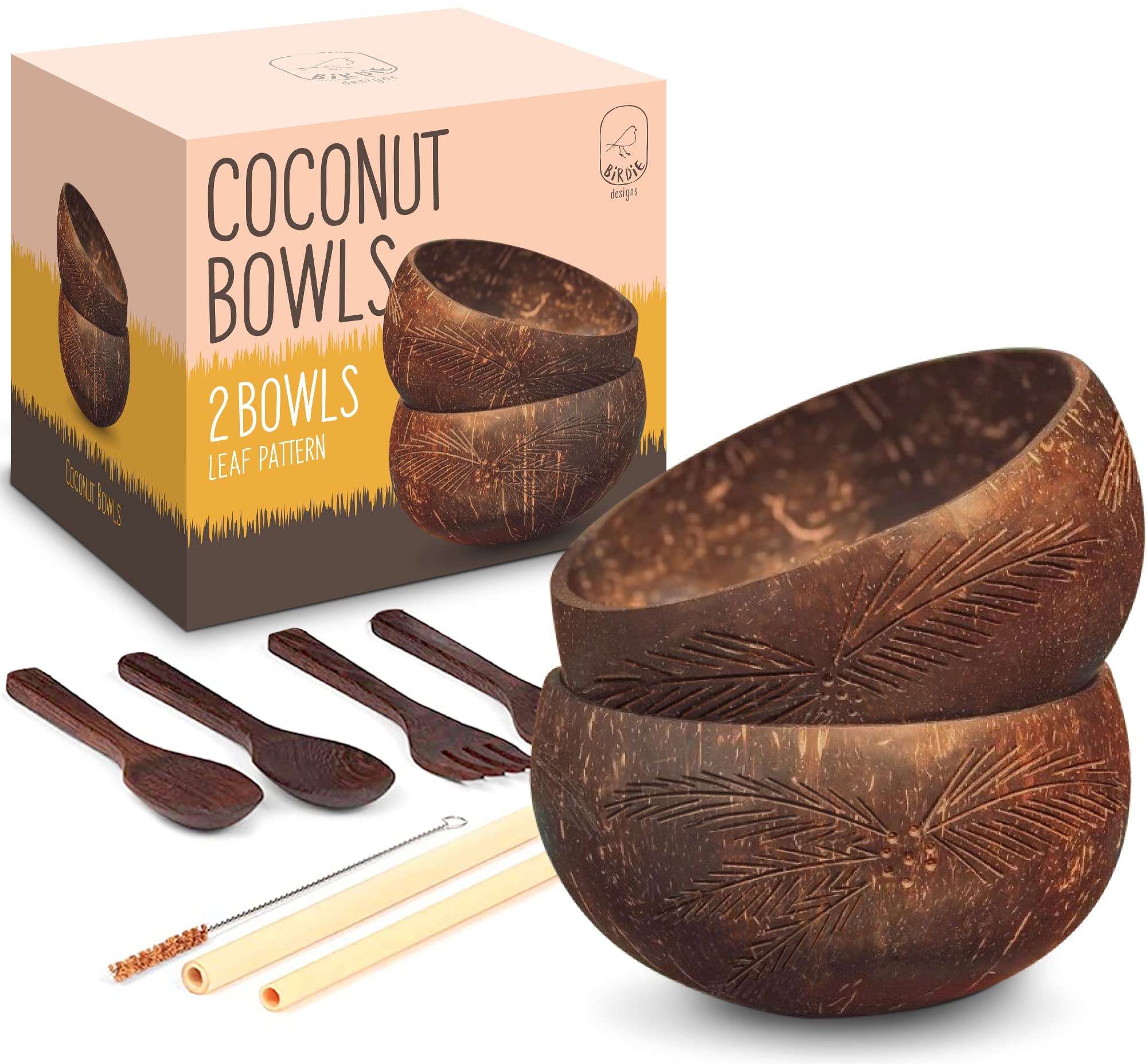 Coconut Bowls Set of 2 – Palm Leaf Design Wooden Bowls With Bamboo Straws, Wooden Forks & 2 Spoons – Natural Hand Carved Coconut Shell Bowl… (2, Palm Leaf)