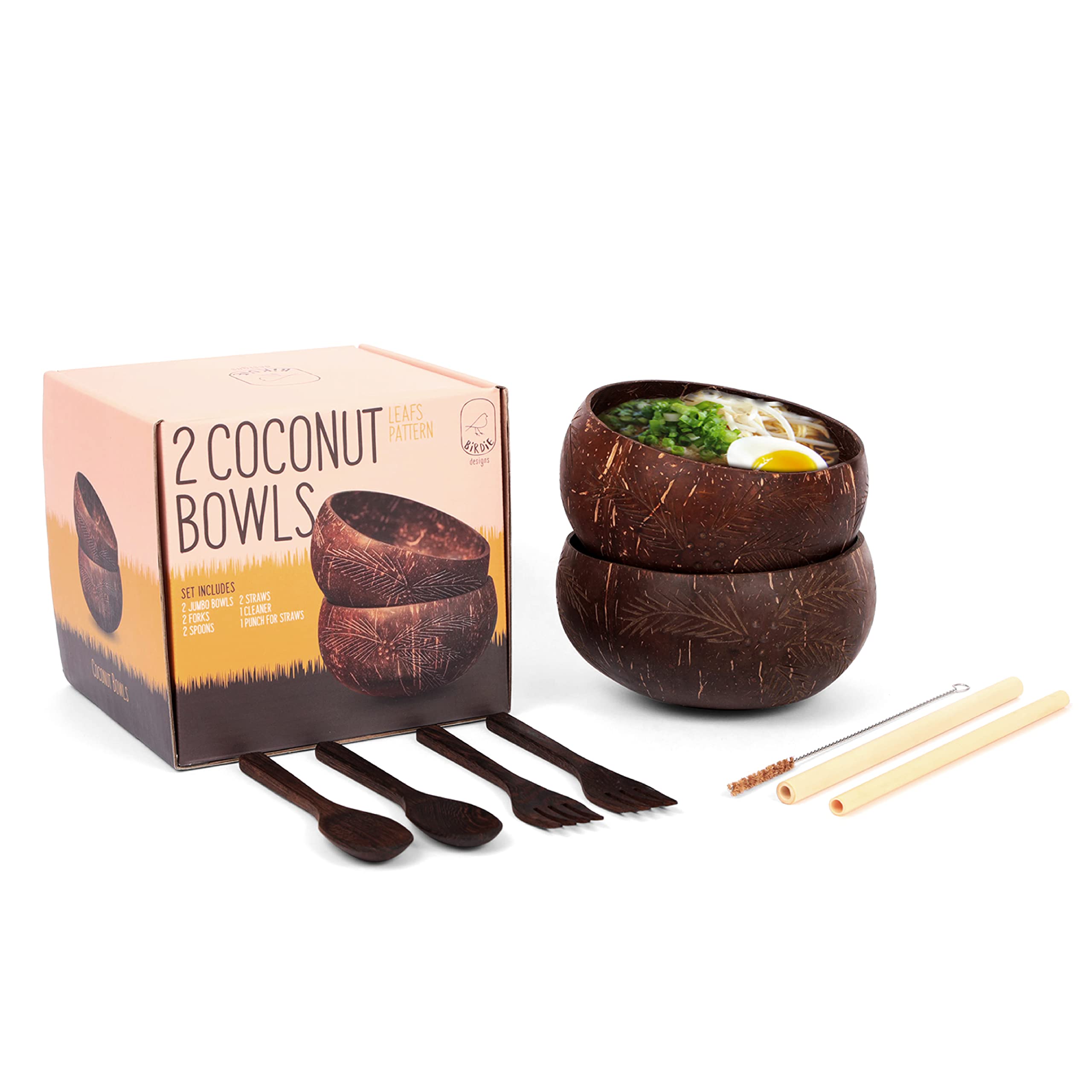 Coconut Bowls Set of 2 – Palm Leaf Design Wooden Bowls With Bamboo Straws, Wooden Forks & 2 Spoons – Natural Hand Carved Coconut Shell Bowl… (2, Palm Leaf)