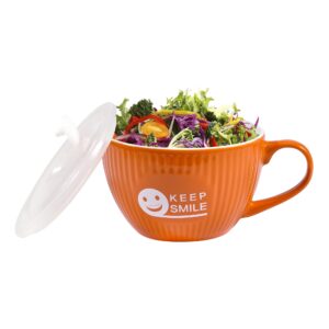 fmsdd 28oz ceramic meal prep bowl soup mug with lid, dishwasher & microwave safe, lead-free food container, orange