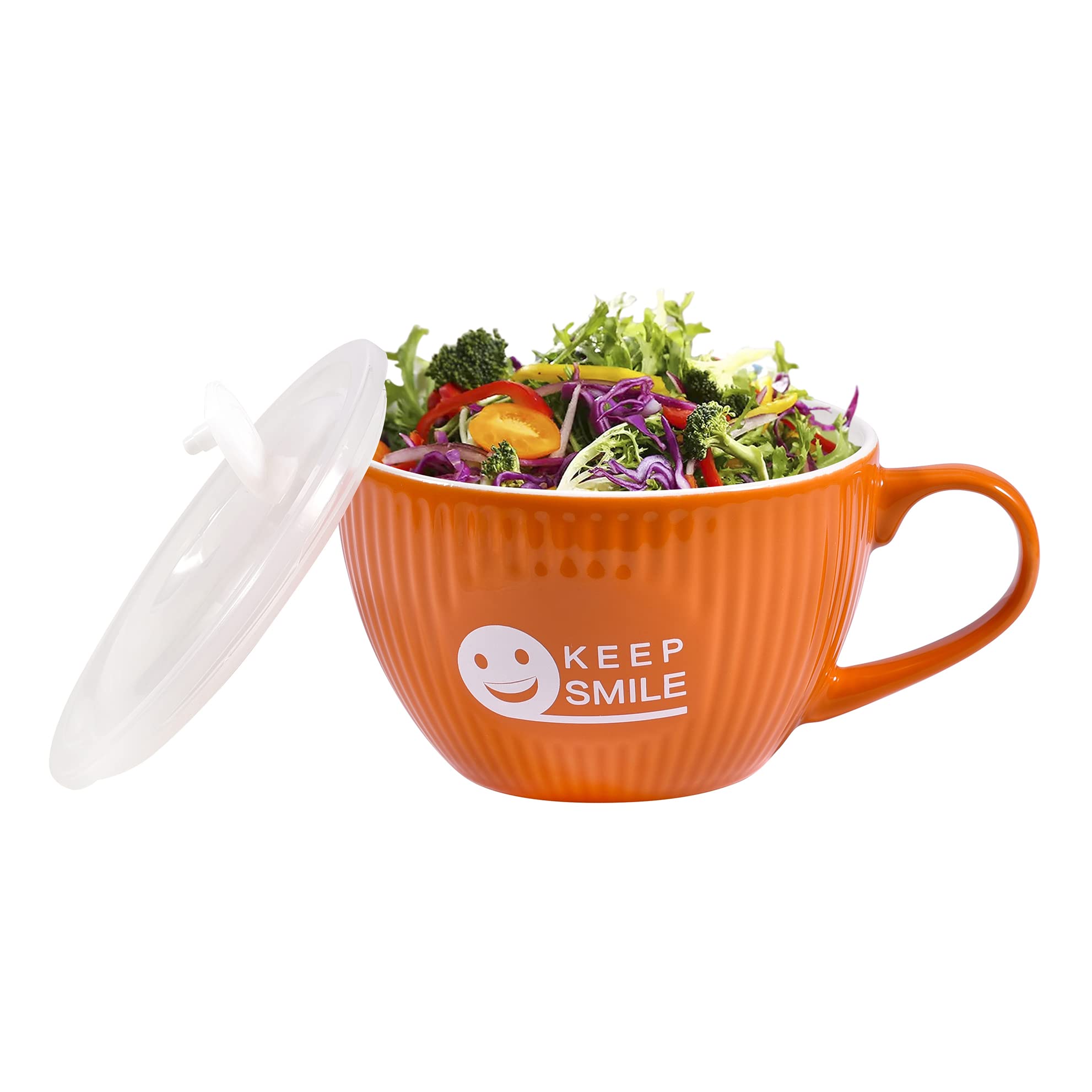 fMSDD 28oz Ceramic Meal Prep Bowl Soup Mug with Lid, Dishwasher & Microwave Safe, Lead-Free Food Container, Orange