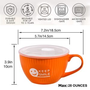 fMSDD 28oz Ceramic Meal Prep Bowl Soup Mug with Lid, Dishwasher & Microwave Safe, Lead-Free Food Container, Orange