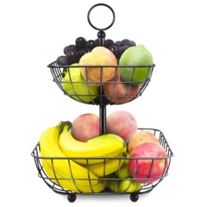2 tier fruit basket bowls, fruit and vegetable storage for kitchen countertop organizer, stackable wire baskets and fruit basket stand, onion potato storage with metal basket (black, large)