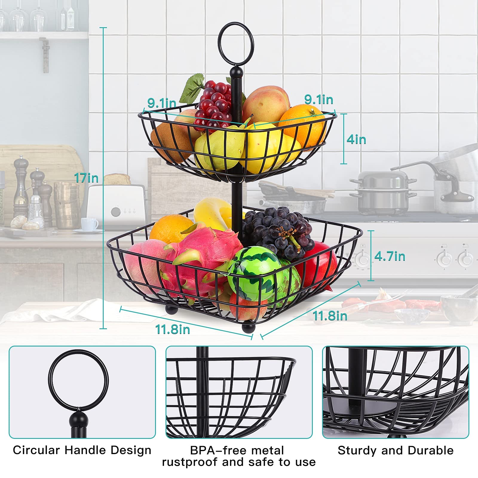 2 Tier Fruit Basket Bowls, Fruit and Vegetable storage for Kitchen Countertop Organizer, Stackable Wire Baskets and Fruit Basket Stand, Onion potato storage with Metal basket (Black, Large)