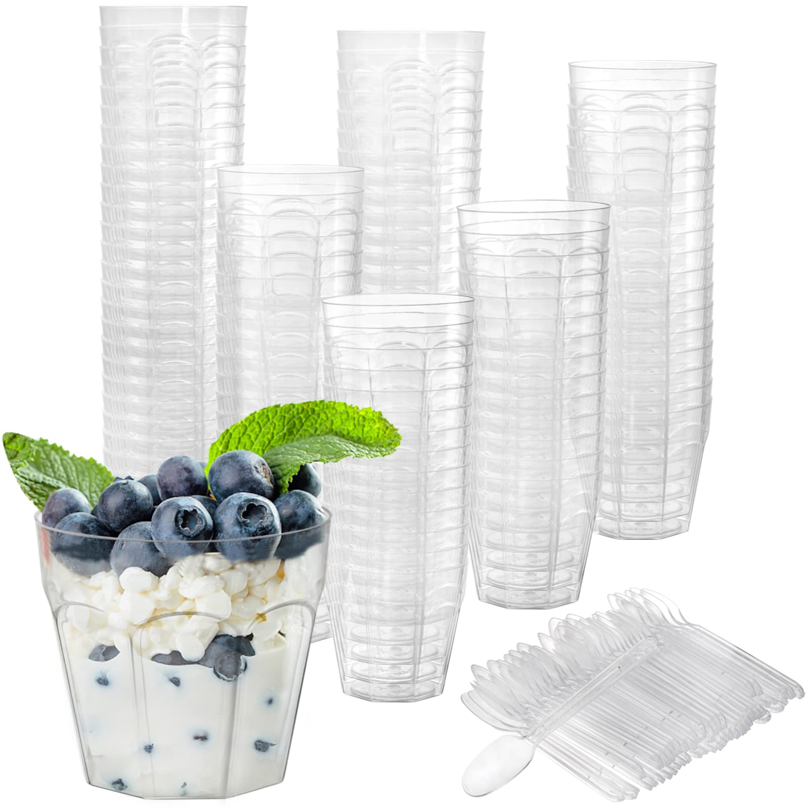 Foraineam 100 Pack 5 oz Mini Dessert Cups with Spoons, Clear Plastic Parfait Appetizer Cup, Disposable Reusable Serving Bowl for Party Desserts, Appetizers, Puddings, Mousse, Fruit Parfait