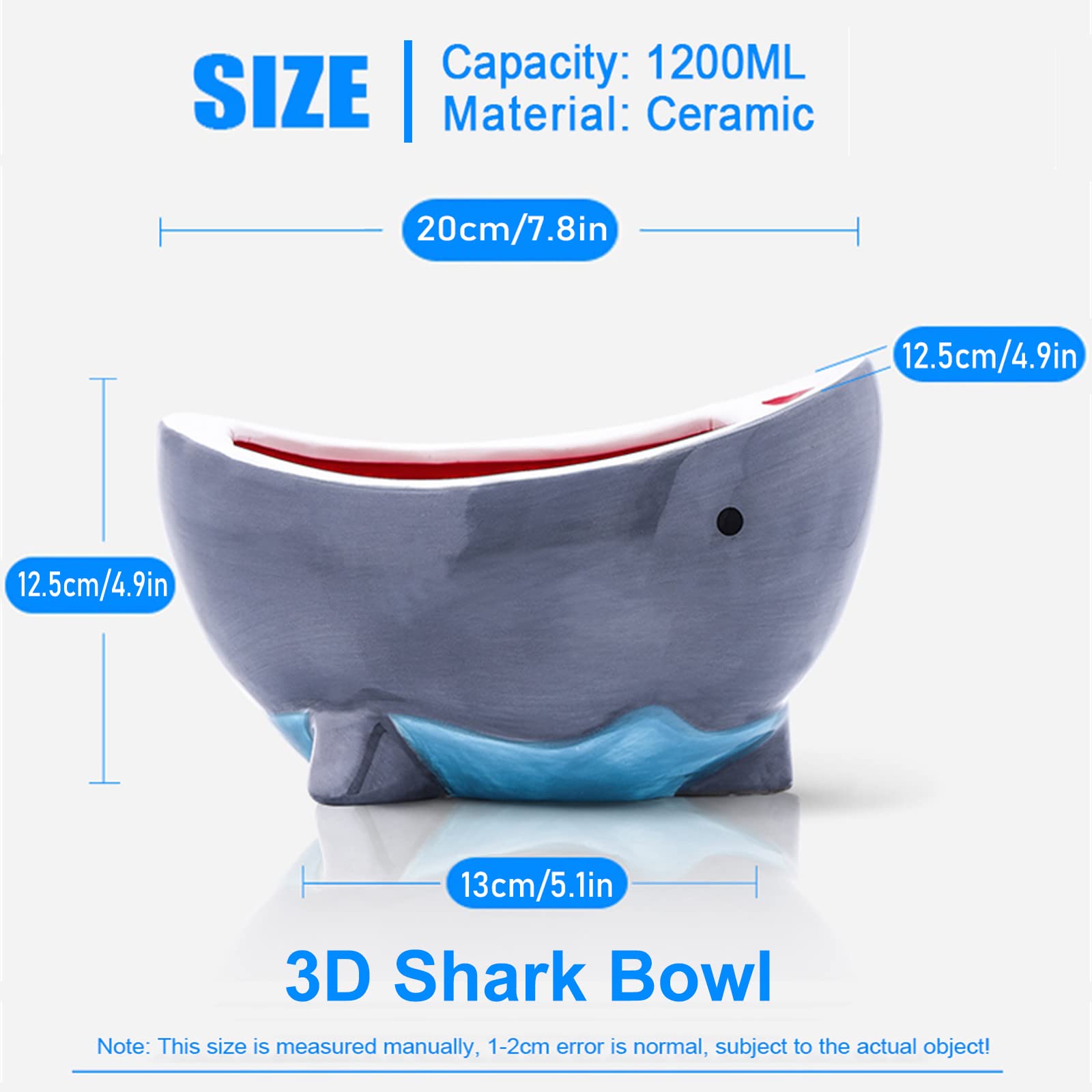 Sepnoic 40 oz Shark Attack Bowl Cute Candy Popcorn Serving Bowl Ceramic, 3D Cartoon Large Storage Bowls for Fruit Key Party Decoration Holiday Gifts, Blue Grey