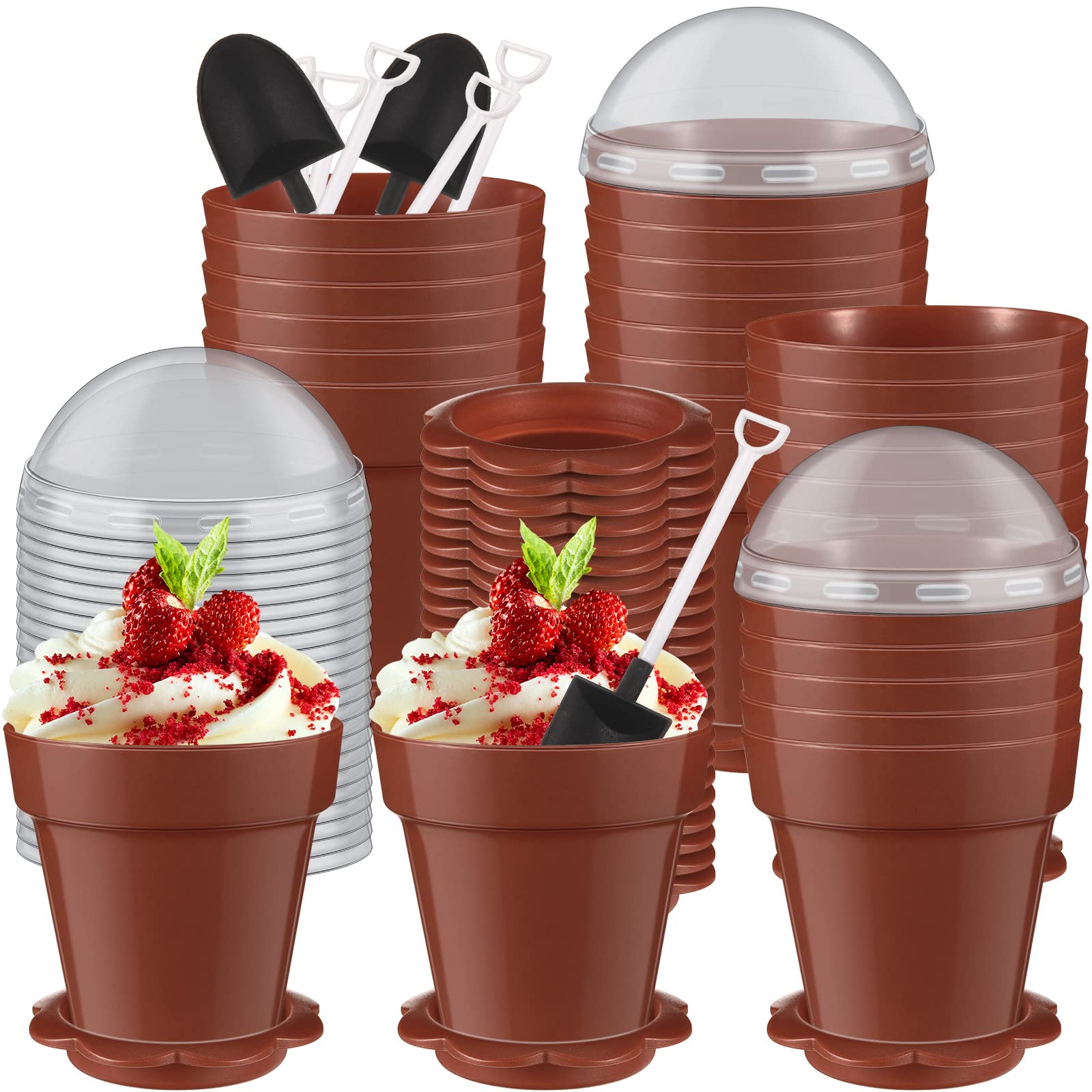 200 Pack Flowerpot Dessert Cup Plastic Cake Cups with Lid Shovel Spoon Bottom Tray Small Flower Pot Cups Dessert Cups Ice Cream Yogurt Containers Holder for Ice Cream Pudding Mousse DIY Baking