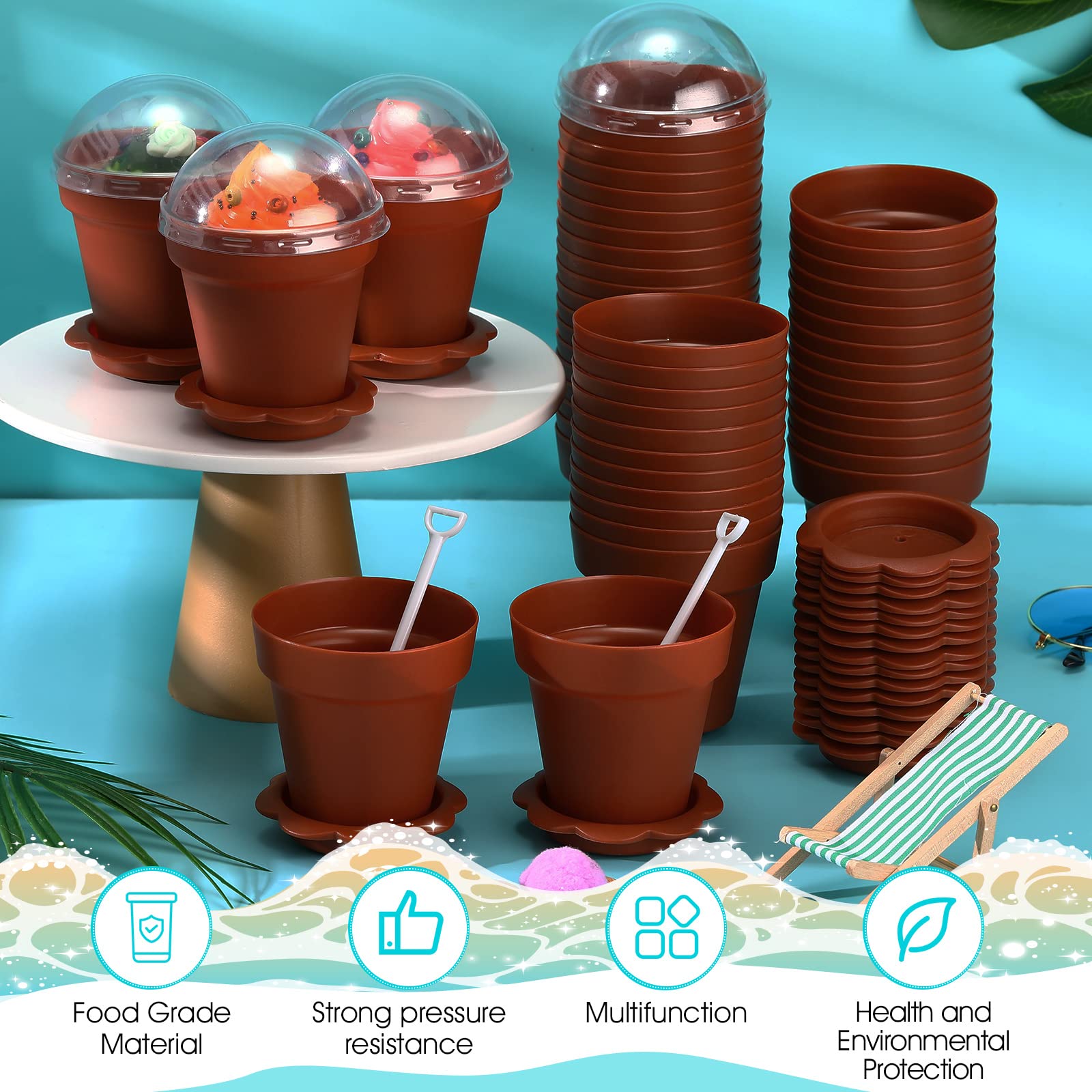 200 Pack Flowerpot Dessert Cup Plastic Cake Cups with Lid Shovel Spoon Bottom Tray Small Flower Pot Cups Dessert Cups Ice Cream Yogurt Containers Holder for Ice Cream Pudding Mousse DIY Baking