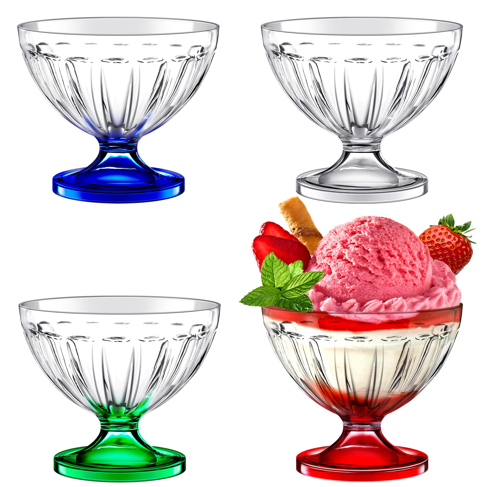 4 Pcs Ice Cream Bowls 8.5 oz Colorful Clear Acrylic Dessert Bowls Dessert Cups Footed Cute Plastic Trifle Bowl for Serving Sundae Salad Ice Cream Cocktail Condiment Fruit Snack Holiday Party