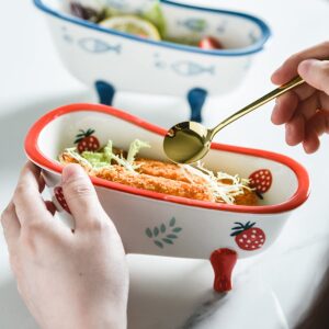 LLDAYU Creative ceramic cute bathtub bowl-10.8 ounces, suitable for ice cream, desserts, salads, fruit, pudding, strawberry patterns